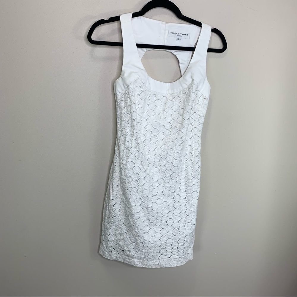 Trina Turk White Eyelet Cutout Sheath Dress